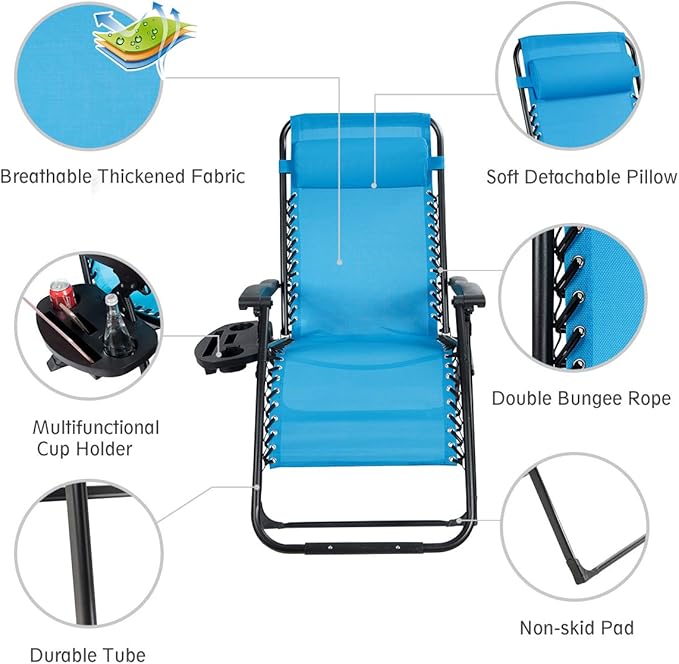 Goplus Oversized Zero Gravity Chair, XL-Extended Version, Outdoor Recliner w/Cup Holder & Detachable Headrest - Photo 5