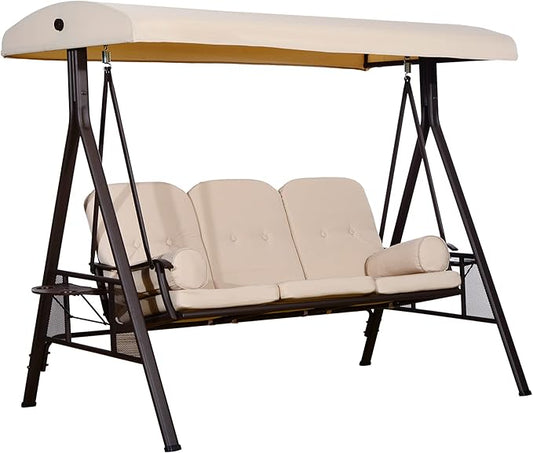 Outsunny 3-Seat Patio Swing Chair, Outdoor Porch Swing Glider with Adjustable Canopy, Removable Cushion, Pillows and Side Trays, for Garden, Poolside, Backyard, Beige