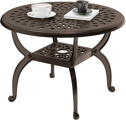 Round Outdoor Coffee Table, Cast Aluminum Side Table with Storage,Indoor End Table, All-Weather Bistro Table for Patio Garden Lawn,Bronze