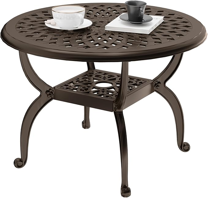 Round Outdoor Coffee Table Set of 2, Cast Aluminum Side Table with Storage, Indoor End Table - Photo 8