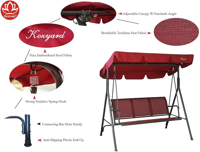 Kozyard 3-Person Outdoor Canopy Porch Swing Chair, Breathable Textilene Armrest Seat, Adjustable Shade - Photo 4