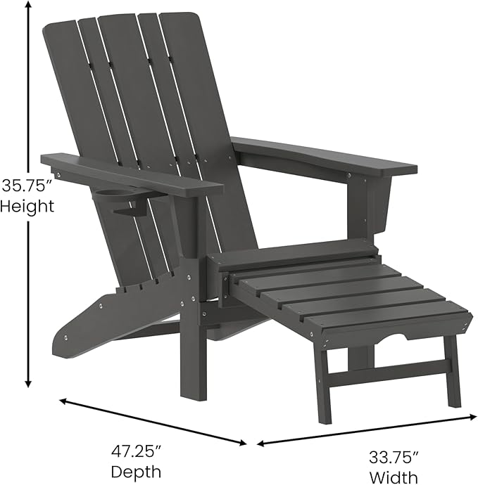 Taylor & Logan Hedley Adirondack Chair with Cup Holder and Pull Out Ottoman, All-Weather HDPE Indoor/Outdoor Lounge Chair in Gray