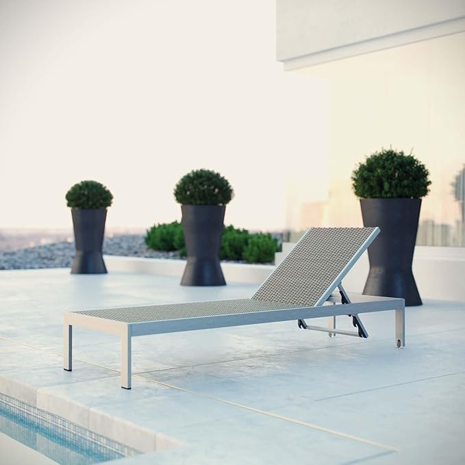 Pemberly Row Modern Outdoor Chaise Lounge, Aluminum Frame, Two-Tone Gray/Brown Rattan, Adjustable Recliner with Wheels - Photo 2