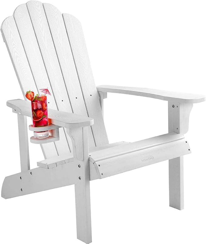 hOmeHua Adirondack Chair, HIPS Adirondack Chairs Weather Resistant with Cup Holder, Plastic Outdoor Chair for Patio, Backyard Deck, Fire Pit Lawn Porch (White)