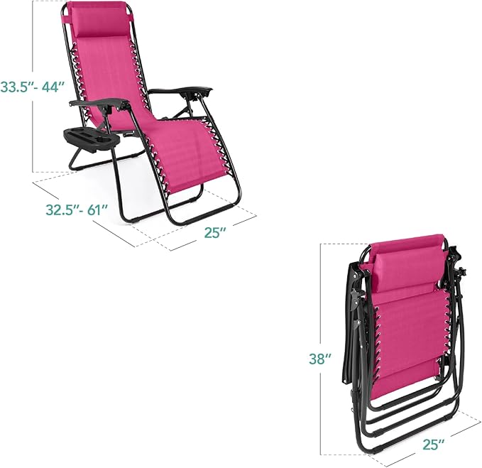 Best Choice Products Set of 2 Adjustable Steel Mesh Zero Gravity Lounge Chair Recliners w/Pillows and Cup Holder Trays - Photo 2