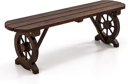 HAPPYGRILL Patio Wood Bench Outdoor Rustic Wagon Wheel Bench w/Carbonized Finish & Fir Construction, 2-Person Wooden Outdoor Bench for Patio, Garden, Porch, Park