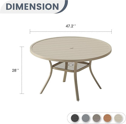 VICLLAX Round Patio Dining Table for 4-6, Outdoor Metal Dining Table with Umbrella Hole for Deck Lawn Garden Backyard, 47.2" Sandshell