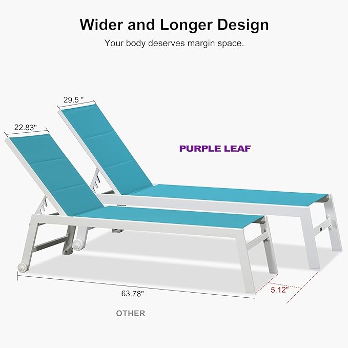 PURPLE LEAF Outdoor Oversized Chaise Lounge Set for Tall & Strong Individuals Adjustable Recliner Extra Wide Lounge Chairs with Side Table for Patio Poolside Beach Aluminum Chaise Lounger Blue