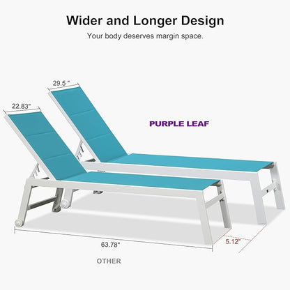 PURPLE LEAF Outdoor Oversized Chaise Lounge Set for Tall & Strong Individuals Adjustable Recliner Extra Wide Lounge Chairs with Side Table for Patio Poolside Beach Aluminum Chaise Lounger Blue