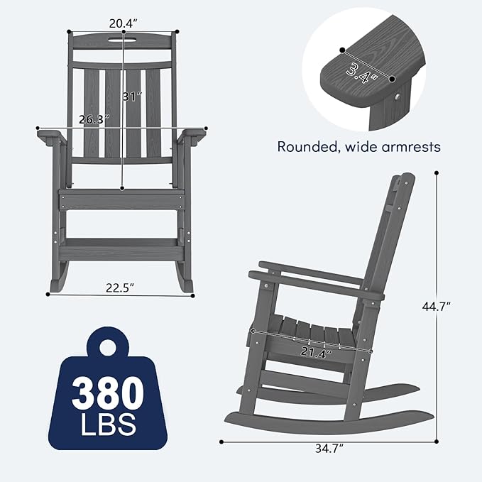 Plawdlik HDPE Rocking Chair,Oversized Outdoor Rocking Chair Set of 2,Patio Rocking Chair All Weather Resistant-Grey