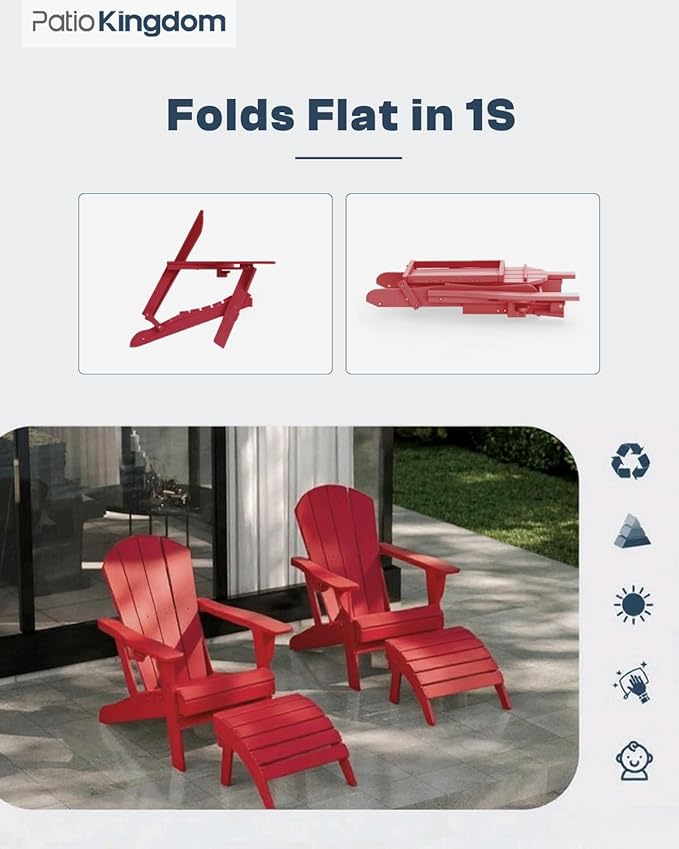 Red 6-Piece Folding Adirondack Chair Set with Cup Holders, Ottomans, Side Table & Beige 9FT Patio Umbrella with Base - Photo 4