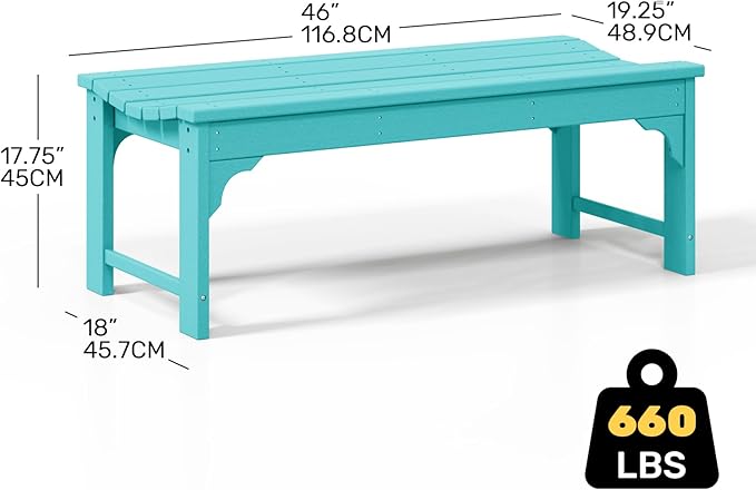 Costaelm Outdoor Benches Weatherproof, All Weather Resistant Park Bench Poly Lumber Backless Garden Bench Seat for Entryway Front Porch, Turquoise