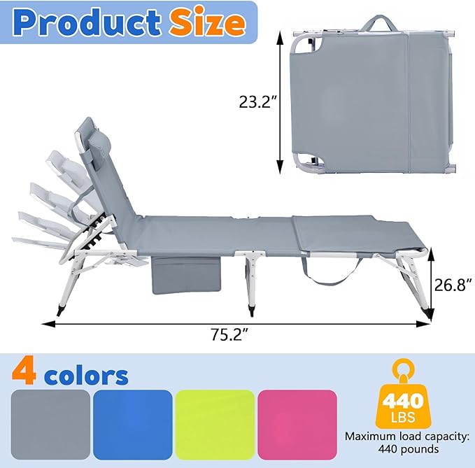 3-in-1 Heavy Duty Tanning Chair with Face Hole Adjustable 5-Position Folding Chaise Lounge Chairs Portable Lay Flat Beach Lounge Chair for Outdoor Sunbathing Patio Pool Lawn Camping Deck (Gray)