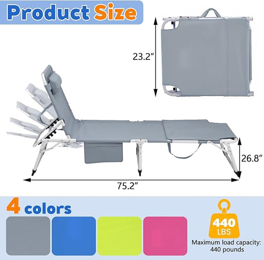 3-in-1 Heavy Duty Tanning Chair with Face Hole Adjustable 5-Position Folding Chaise Lounge Chairs Portable Lay Flat Beach Lounge Chair for Outdoor Sunbathing Patio Pool Lawn Camping Deck (Gray)