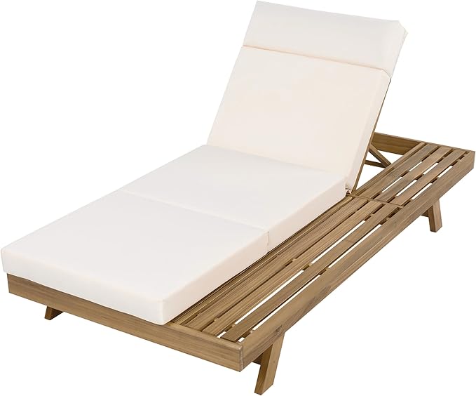 Christopher Knight Home Dami Chaise Lounge Chair Outdoor with 4'' Foldable Cushion, Acacia Wood Poolside Sun Lounger, Space Available On One Side, Adjustable Backrest Pool Lounger, Light Brown+Cream