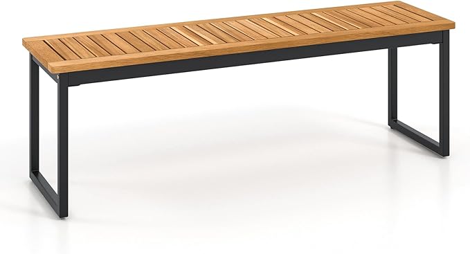 Tangkula Patio Dining Bench, 2-3-person Backless Bench with Slatted Seat & Metal Legs, Indoor Outdoor Bench for Entryway, Front Porch, Garden, Poolside, Farmhouse Kitchen Dining Seat