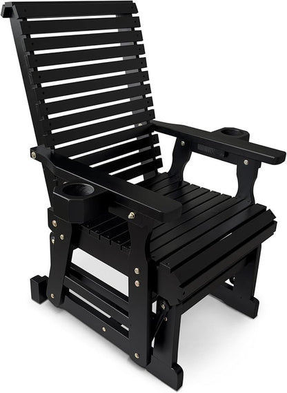Fortune Candy Wooden Patio Glider for One Person, with High Backrest and Deep Contoured Seat, Solid Fir Wood, Heavy Duty 600 LBS (Black, 1-Seater)