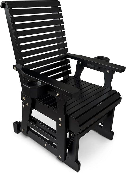 Fortune Candy Wooden Patio Glider for One Person, with High Backrest and Deep Contoured Seat, Solid Fir Wood, Heavy Duty 600 LBS (Black, 1-Seater)