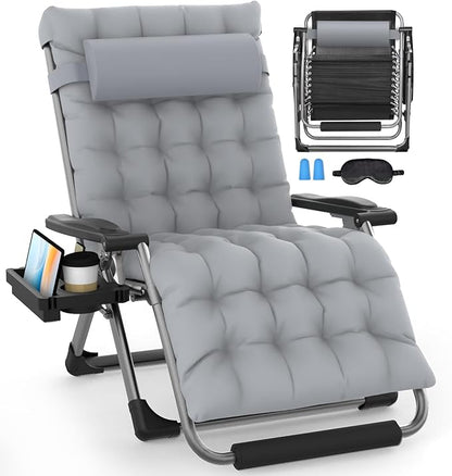 Slendor Oversized Zero Gravity Chairs XXL, 33In Padded Zero Gravity Lounge Chair, Lawn Recliner, Folding Patio Reclining Chair w/Aluminum Alloy Lock, Headrest, Cup Holder, Support 500lbs, Grey
