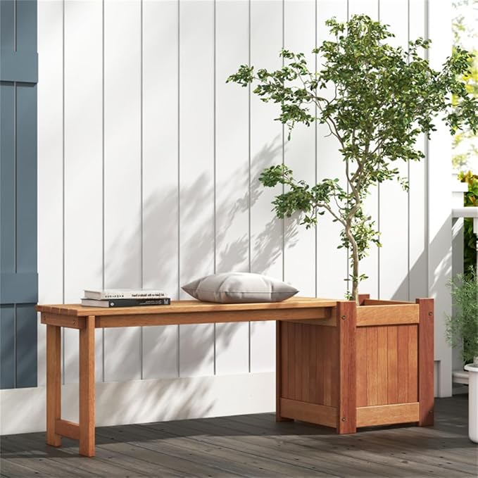Outdoor Bench with Planter Box 54" Solid Wood Garden Bench and Flower Planter Combo 2-in-1 Seating and Planting Station for Front Porch Patio Deck Natural Finish