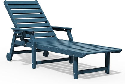 5-Position Adjustable Patio Chaise Lounge - 78'' HDPE Outdoor Lounger with Rolling Wheels & Cup Holder, Longer, Wider, Higher - Perfect for Poolside & Deck, Navy