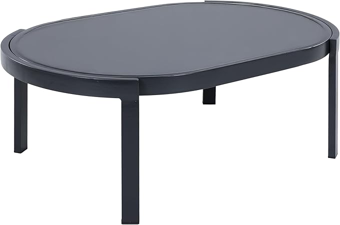 Merax Modern Outdoor Oval Coffee Table with Tempered Glass Top, Black Aluminum Frame, Weather-Resistant Patio Center Table for Backyard, Deck & Poolside, Black