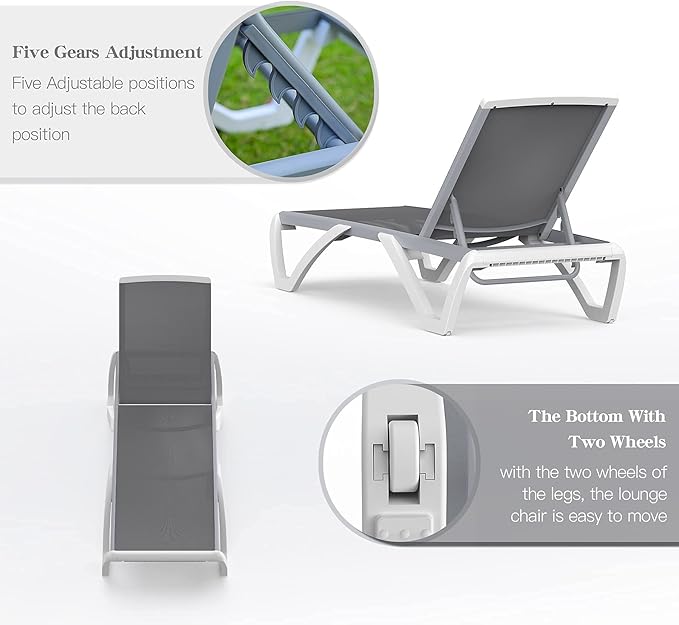 Domi Outdoor Lounge Chair, Aluminum Patio Chaise Lounge with 5 Position Adjustable Backrest and Wheels, All Weather Reclining Chair with Side Table for Patio, Yard,Balcony,Poolside (Grey)