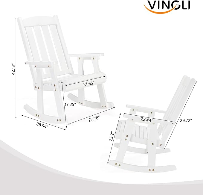VINGLI Outdoor Rocking Chair, Heavy Duty 600 LBS Wooden Rocking Bench with Comfortable Backrest, Weatherproof Patio Rocker with Ergonomic Design, Wood Rocking Chair for Patio, Garden (White, 1PC)