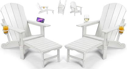PASAMIC Folding Adirondack Chairs Set of 2 with Retractable Ottoman, 5-Position Adjustable Backrest, HDPE All-Weather Fire Pit Chairs with 2 Hidden Cup Holders, Wood-Look Outdoor Chairs (White)