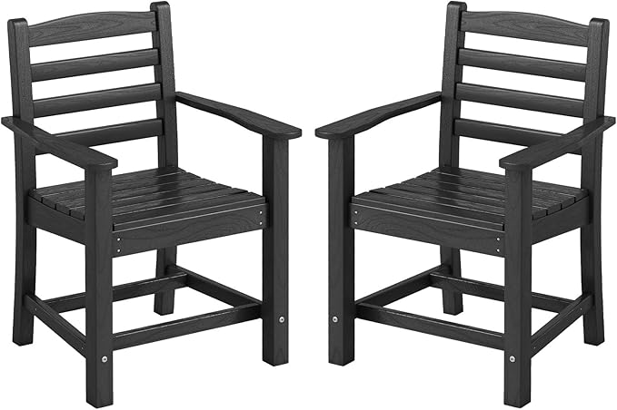 Tangkula Patio Dining Chairs Set of 2, HDPE All Weather Outdoor Chair w/Wide Armrests, Curved Seat, Wood Grain, Plastic Porch Chair for Backyard, Garden, Front Porch, Poolside (Black, 2 Chairs)