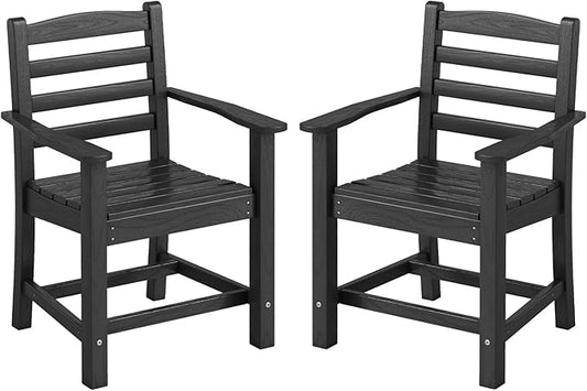 Tangkula Patio Dining Chairs Set of 2, HDPE All Weather Outdoor Chair w/Wide Armrests, Curved Seat, Wood Grain, Plastic Porch Chair for Backyard, Garden, Front Porch, Poolside (Black, 2 Chairs)