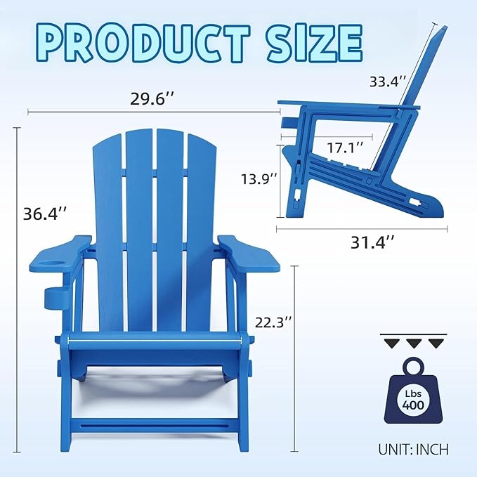 Adirondack Chair, Plastic Adirondack Chair with Cup Holder, Outdoor Weather Resistant Lawn Furniture, 400 LBS Capacity Recliner, Garden Backyard Patio Without Screws Install,Set of 2 Klein Blue