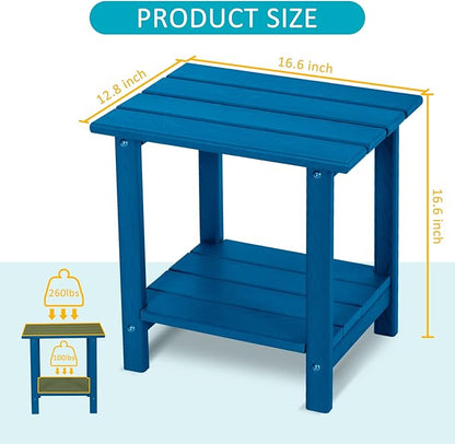 2 Tier Outdoor Side Table with Wood-Like Grain, 16.6" HDPE Adirondack Table Patio Side Table, Weather Resistant End Table for Pool, Patio & Porch, Small Outdoor Table(Navy Blue, Rectangle)
