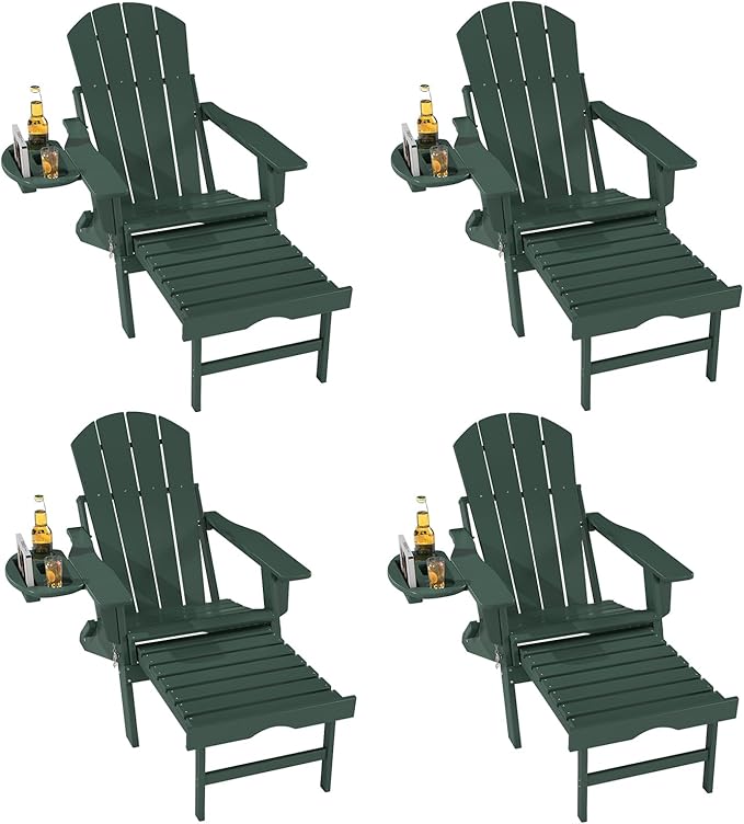 FOOWIN Folding Adjustable Adirondack Chair with Retractable Ottoman Set of 4, HDPE Adirondack Chair w/4 in 1 Cup Holder Trays,All-Weather Resistant Fire Pit Chair for Outdoor Patio Lawn, Dark Green