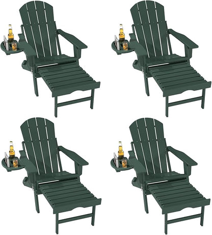 FOOWIN Folding Adjustable Adirondack Chair with Retractable Ottoman Set of 4, HDPE Adirondack Chair w/4 in 1 Cup Holder Trays,All-Weather Resistant Fire Pit Chair for Outdoor Patio Lawn, Dark Green