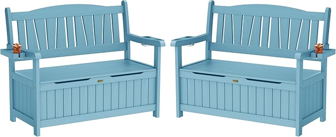 YEFU Outdoor Storage Bench for Patio: Heavy Duty Garden Bench Set of 2 with 96° High Backrest & Oversized Seating - HIPS Weatherproof Patio Bench with Storage for Porch Park Backyard, Blue