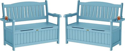 YEFU Outdoor Storage Bench for Patio: Heavy Duty Garden Bench Set of 2 with 96° High Backrest & Oversized Seating - HIPS Weatherproof Patio Bench with Storage for Porch Park Backyard, Blue