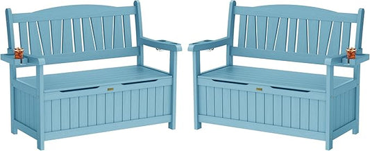 YEFU Outdoor Storage Bench for Patio: Heavy Duty Garden Bench Set of 2 with 96° High Backrest & Oversized Seating - HIPS Weatherproof Patio Bench with Storage for Porch Park Backyard, Blue
