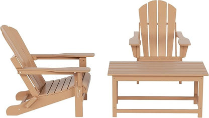 WO Home Furniture Adirondack Chairs Table Set of 3 PCS Outdoor Folding Chairs Coffee Table Weather/UV Resistant for Lawn, Garden, Bon Fire, Balcony (Teak)