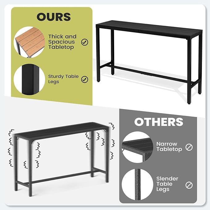 Crestlive Products Outdoor Bar Table, 63'' Rectangle Patio Counter Height Table High Pub Table with Waterproof Top and Sturdy Metal Frame for Balcony, Bistro, Garden, Backyard, Hot Tub (Black)