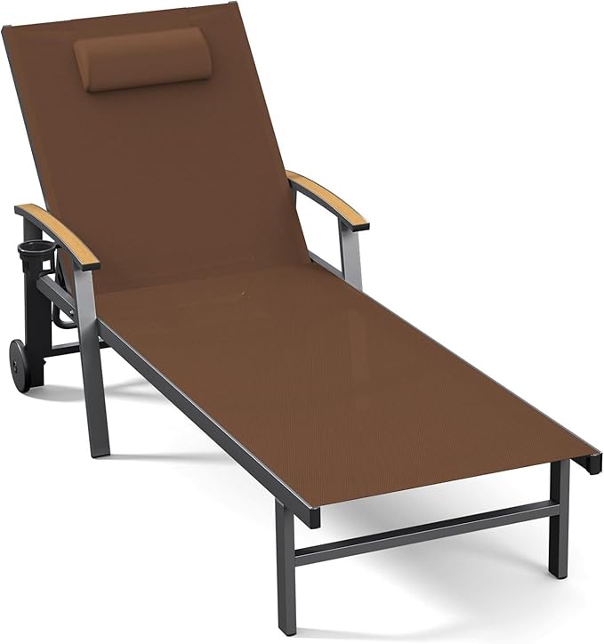 Ciokea Outdoor Lounge Chair with Pillow, 5-Position Aluminum Chaise Lounge with Wheels & Armrests - Photo 1