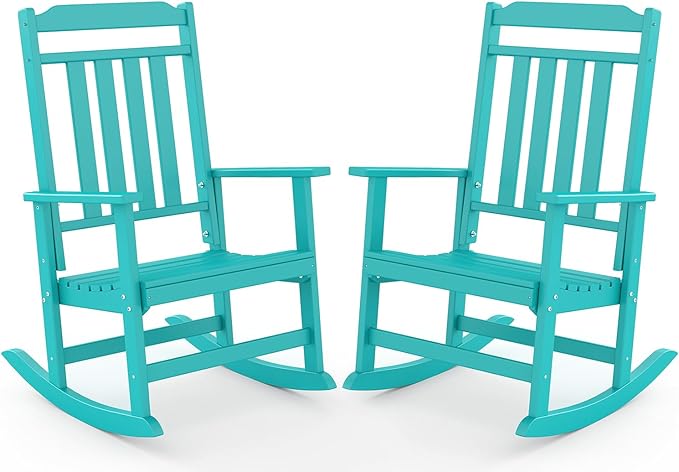 GREENVINES Outdoor-Rocking-Chairs-Set-of-2 | HDPE Plastic | Patio Rockers | Porch Rocker Chair | Oversized | High Back | Big & Tall | Aqua