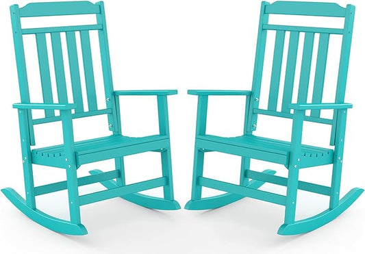 GREENVINES Outdoor-Rocking-Chairs-Set-of-2 | HDPE Plastic | Patio Rockers | Porch Rocker Chair | Oversized | High Back | Big & Tall | Aqua
