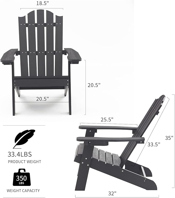 Melucivi Adirondack Chair Weather Resistant with Cup Holder, Fire Pit Chair Patio Outdoor Garden Resin Adirondack Chair for Adult, Black with Wood Grain