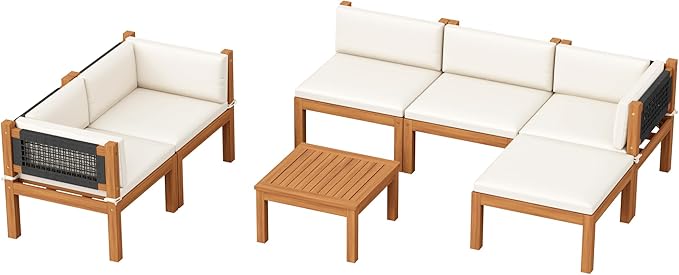 Devoko 7 Piece Acacia Wood Patio Sofa, Outdoor Sectional Coach and Love Seat with Coffee Table - Photo 1