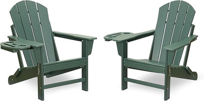 FOOWIN Folding Adirondack Chair Set of 2, HDPE Adirondack Chairs with Cup Holder, Weather Resistant Plastic Fire Pit Chairs for Outdoor, Patio, Lawn, Garden, Backyard, Deck, Green