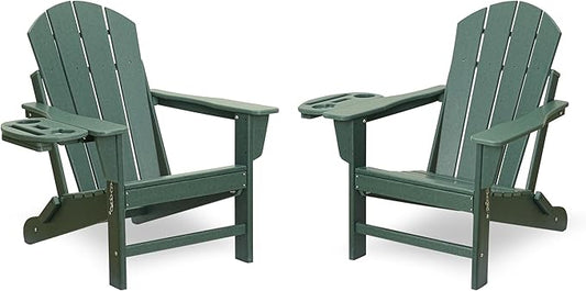 FOOWIN Folding Adirondack Chair Set of 2, HDPE Adirondack Chairs with Cup Holder, Weather Resistant Plastic Fire Pit Chairs for Outdoor, Patio, Lawn, Garden, Backyard, Deck, Green