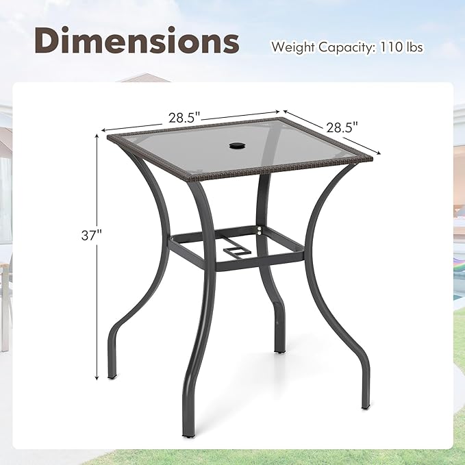 Tangkula Patio Bar Table with Umbrella Hole, All Weather 37 Inches Height Heavy Duty Outdoor Square Glass Top Table - Photo 3