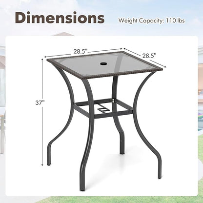 Tangkula Patio Bar Table with Umbrella Hole, All Weather 37 Inches Height Heavy Duty Outdoor Square Glass Top Table, for Garden Balcony Poolside and Lawn, Mix Brown