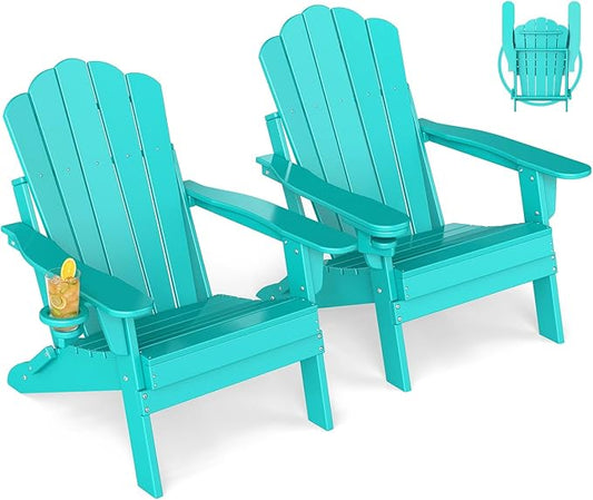 GREENVINES Oversized-Folding-Adirondack-Chairs-Set-of-2 | HDPE Plastic | Cup Holder | Fire Pit Chair | All Weather | for Outdoor Deck Backyard | Aqua